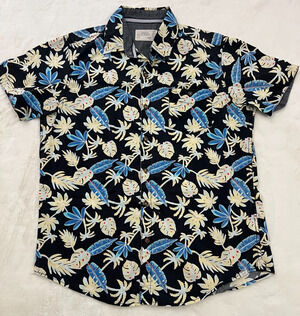 Free Planet Mens L Hawaiian Shirt Tropical Palm Leaf Button Up Black Blue Cotton